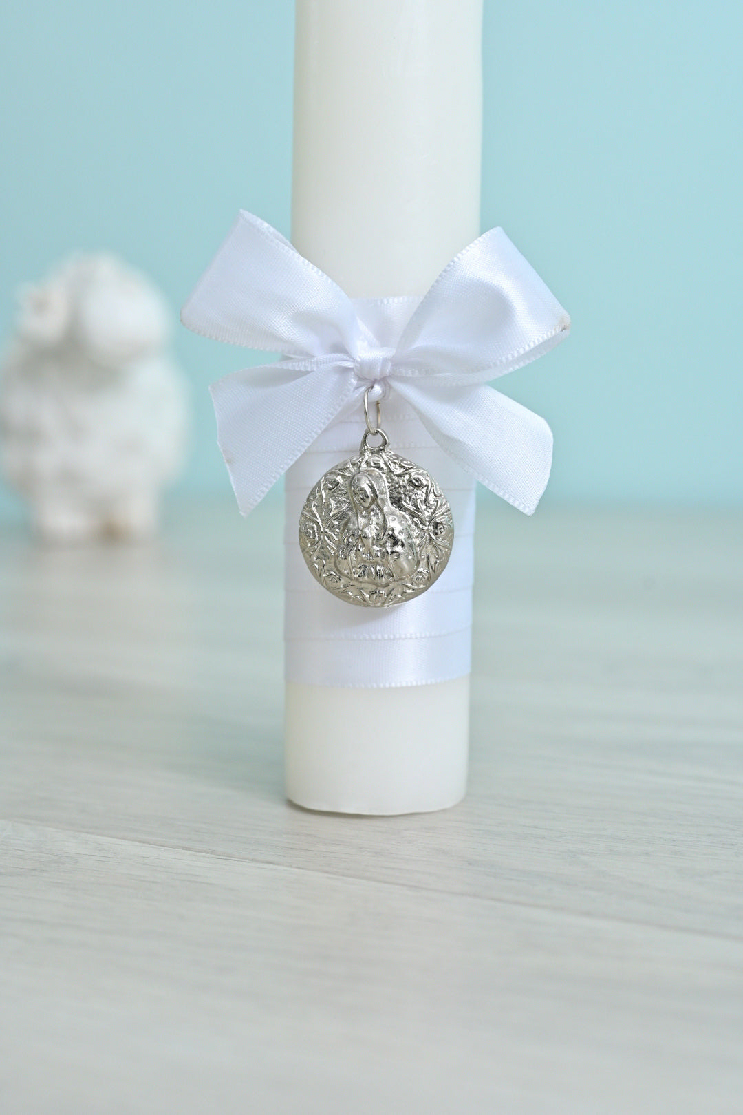 Baptism Candle with Virgen de Guadalupe Medallion